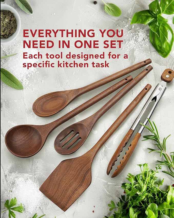Elegant 5-Piece Walnut Wood Kitchen Utensil Set – Non-Scratch, Heat-Resistant - Image 6