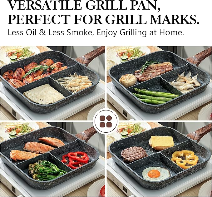 Sensarte Nonstick 11-Inch Square Grill Pan, 3-Section Versatile Breakfast - Image 5