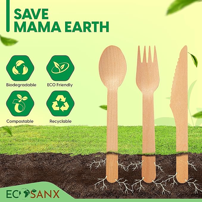 ECOSANX® 300 PCs Disposable Wooden Cutlery set 6.5" Splinter Free Compostable - Image 7