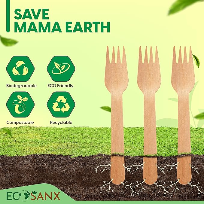 ECOSANX® 120 PCs Wooden forks for eating 6.5" Splinter Free Compostable Forks - Image 7